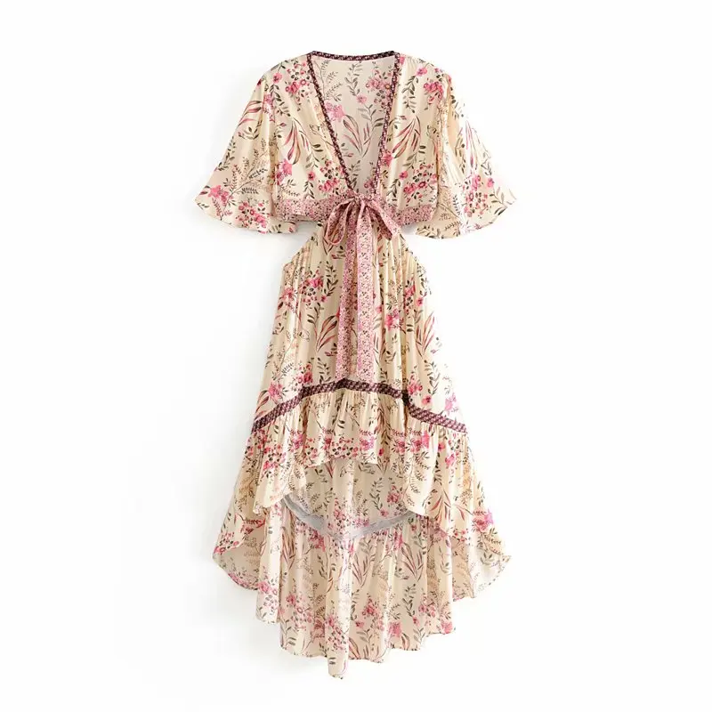 Boho шикарное женское платье с цветочным принтом, с коротким рукавом, с бантом, богемное вискозное Хлопковое платье, женское платье с глубоким v-образным вырезом, лоскутное платье в стиле бохо