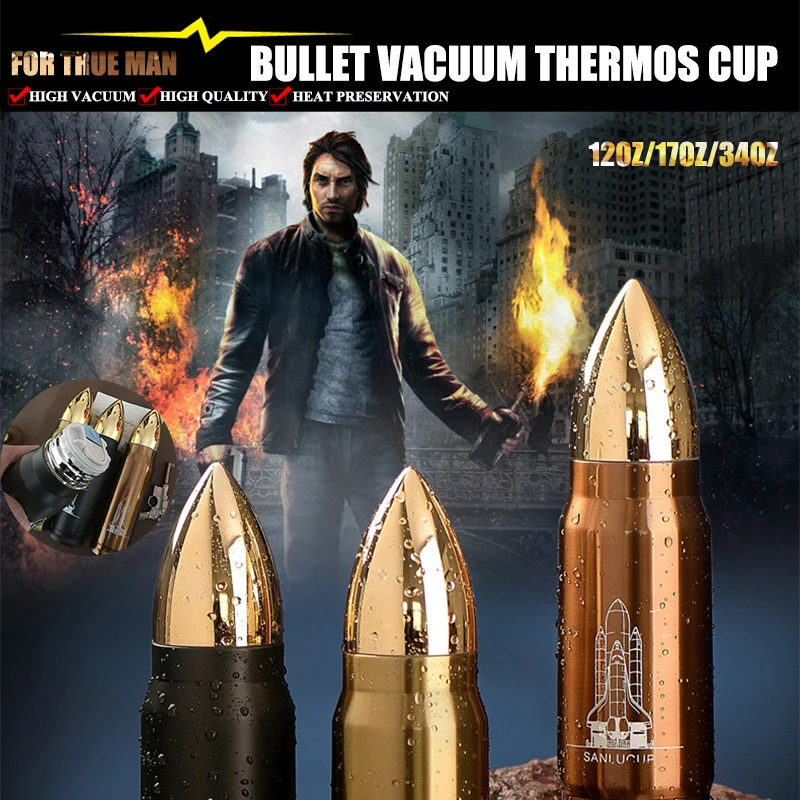 

New Creative Bullet Head Insulation Vacuum Cup Fashionable Men's Office Thermos Mug FOR TRUE MAN Water Bottle 12OZ/17OZ/34OZ