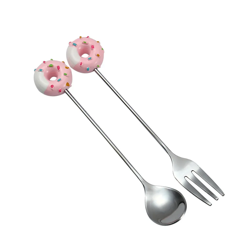 304 Stainless Steel Spoon Fork Cartoons Doughnut Silver Cutlery Coffee Dessert Tea Ice Cream Teaspoon Forks Dinnerware Tableware