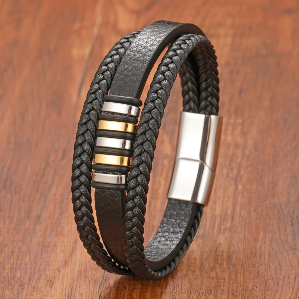 New Punk Multilayer Woven Genuine Leather Men's Bracelet Golden Black Stainless Steel Magnetic Clasp Jewelry Gift - Image 5