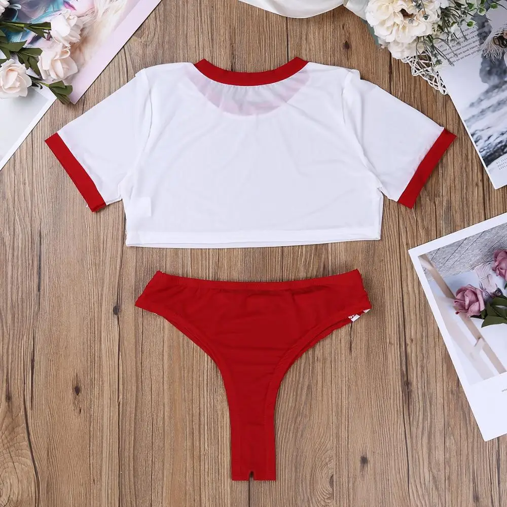 Women's School Girl Sheer Bodysuit Two Pieces Lingerie Set Short Sleeves Sheer Crop Top with Open Crotch Thongs Briefs Underwear women sport swimsuits women swim dresses women bodysuits