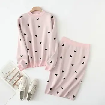 

Autumn Winter Heart Print Knitted Pullovers Sweater Skirt Suit Pattern Women Skirt Set Sweet 2 Piece Set
