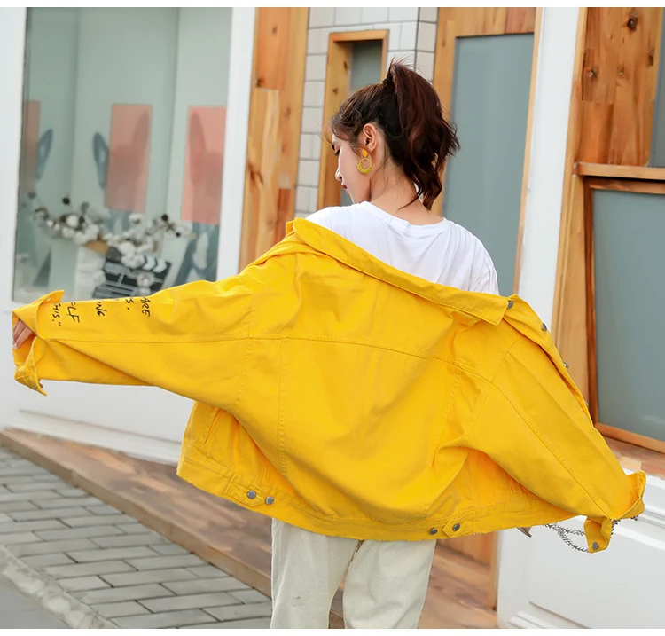Весенне-осенняя желтая джинсовая куртка женская с буквенным принтом модная куртка для отдыха базовое пальто женское однобортное с отложным воротником