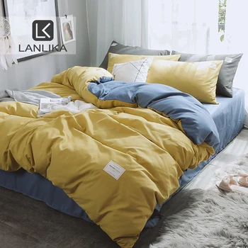 

Lanlika Yellow Duvet Cover Set Flat Sheet Pillowcase Decor Solid Color Bedclothes Home Textiles Blue Flat Sheet Linen Cotton