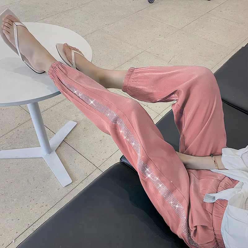 Pink Autumn New Heavy Industry Hot Drilling Beam Foot Casual Pant Wei Pants Women Fashion Casual Wild Loose Pants - Color: Pink