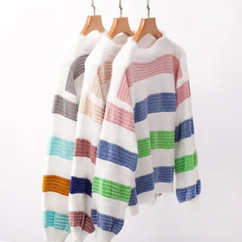 

Winter Autumn Woman Sweater Knit Pullover Long Sleeve Clothe Striped European Style Outwear Plus Size Sweaters