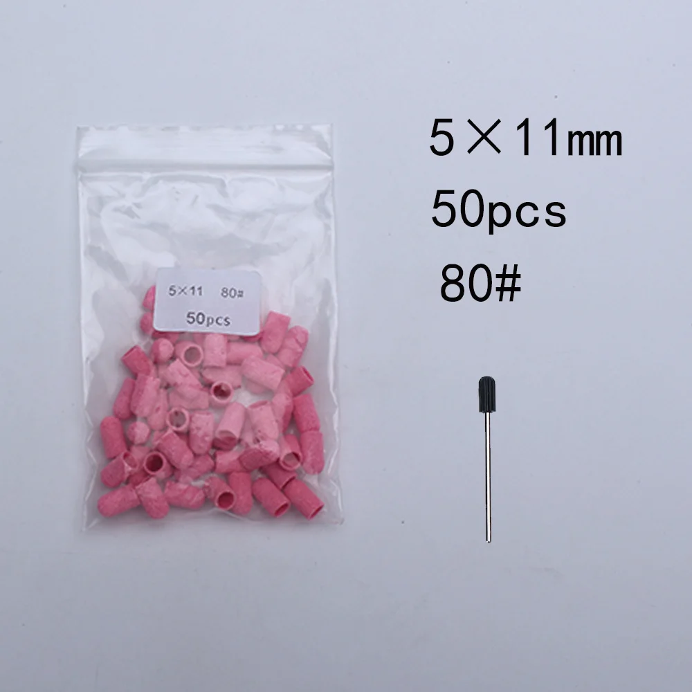 50PCS 5*11mm Sanding Caps With Rubber Handle Gel Remover Electric Cutter Drill Bits Nail Sanding Bands Block Grinding Tools