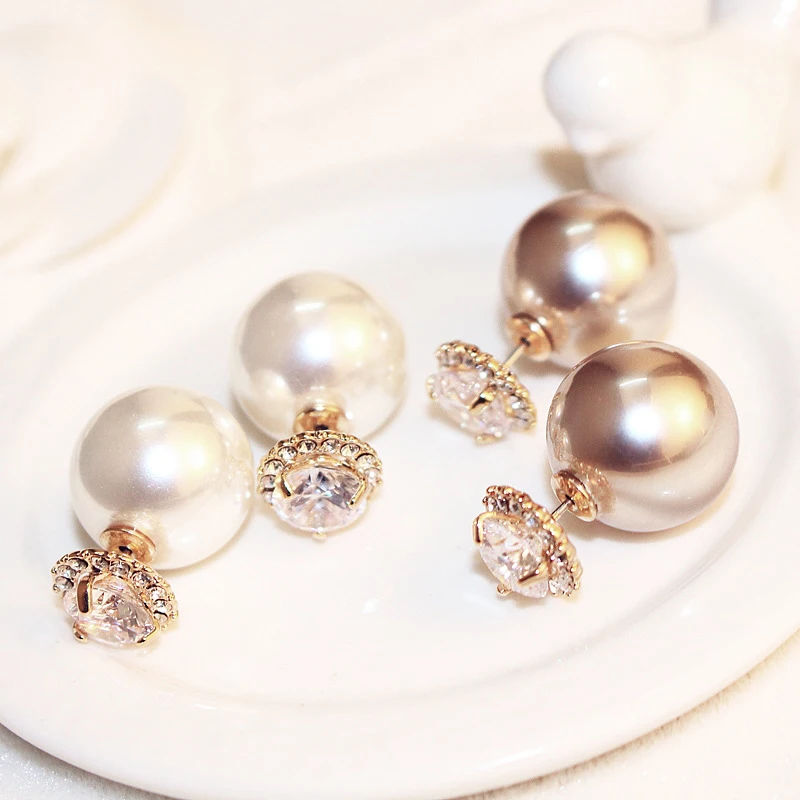 

Double Simulated Pearl Ball Earrings White Crystal Flowers Rose Gold Color Two Sided Jewelry for Women Stud Earrings