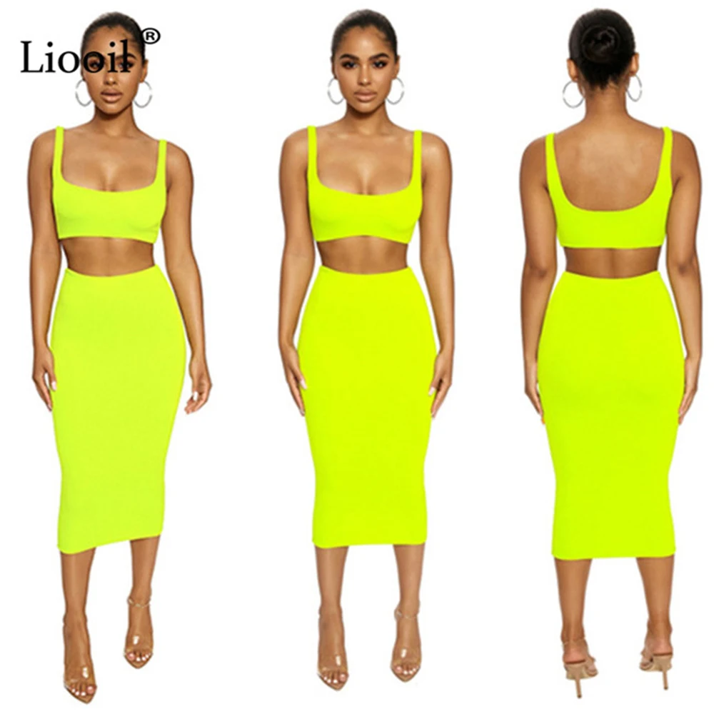 Liooil Neon Green Orange Женская Сексуальная облегающая юбка миди осень высокая талия эластичные праздничные низ вечерние Клубные узкая-карандаш