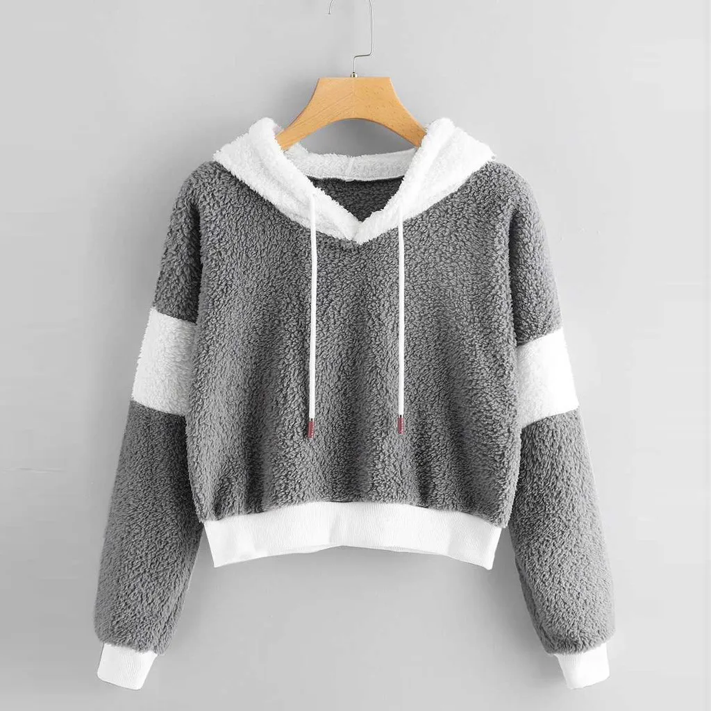 

Women hoodies Fluffy Drawstring Long Sleeve Patchwork Sweatershirt Hoodie Tops Lady Sweatshirts Hooded Female Jumpe 2019 Fashion