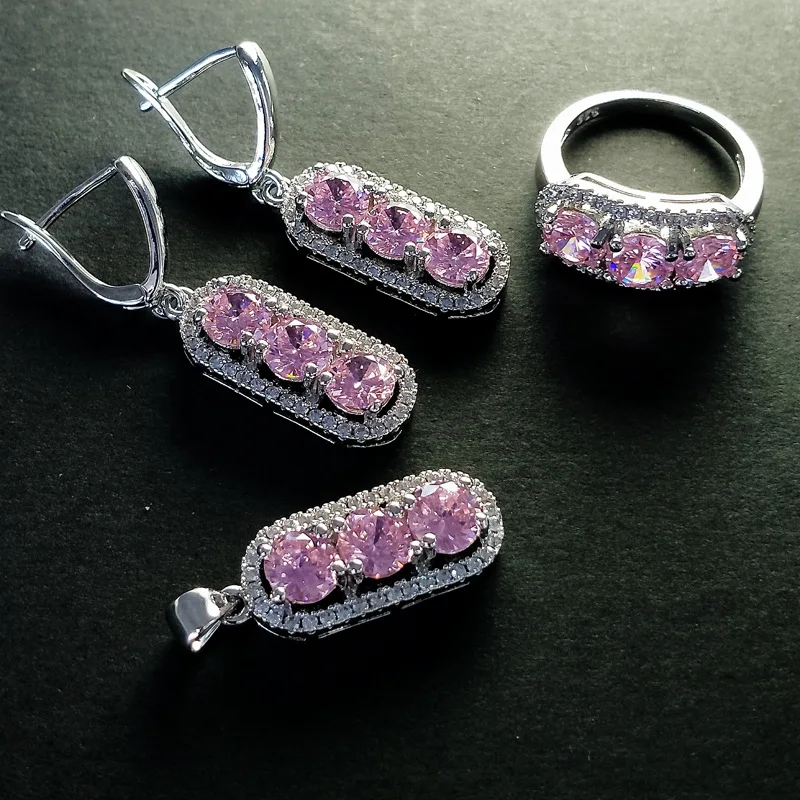 Bague Ringen, геометрическое серебро 925, ювелирные наборы для женщин, сапфир, рубин, аметист, изумруд, кольцо с камнями, серьги, ожерелье, вечерние - Gem Color: pink