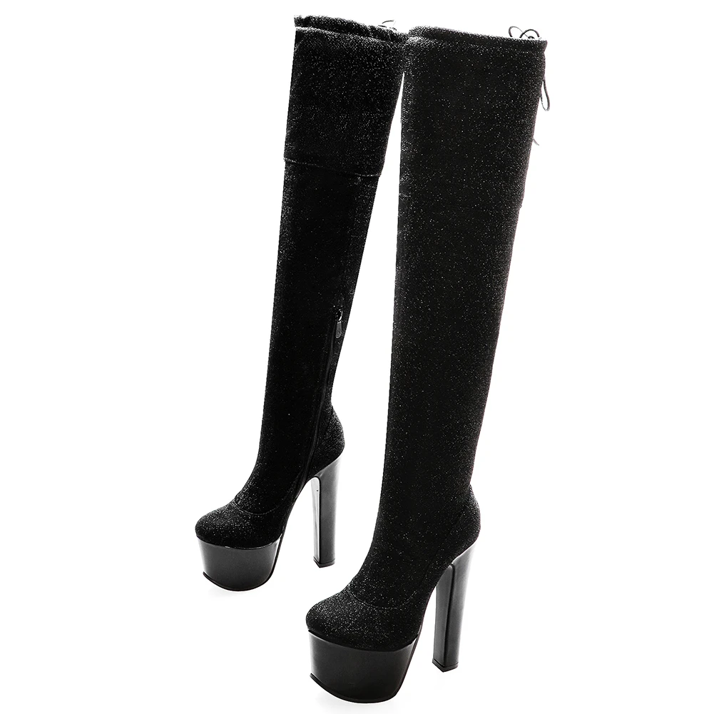 black thin fur BONJOMARISA/пикантные вечерние сапоги до бедра, Размеры 33-43 г. Женские зимние сапоги выше колена на высокой платформе женские туфли на высоком каблуке - Цвет: black thin fur