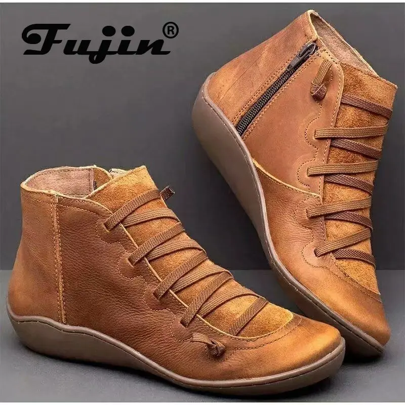 

Fujin Ankle Boots for Women Winter Autumn Fashion Wedge Flat Bottom Solid Platform Zipper Round Toe Leisure Women Short Boots