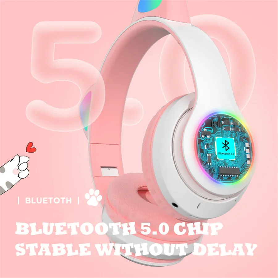 PGDM Glowing Light Cute Cat Bluetooth Headphone Best Christmas Gift Wireless LED Headset Stereo Music Earphone For Kids Girls