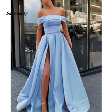 Без бретелек розовые платья для выпускного вечера с открытыми плечами высокий разрез ТРАПЕЦИЕВИДНОЕ сатиновое длинное выпускное платье Простой Элегантный желтое вечернее платье