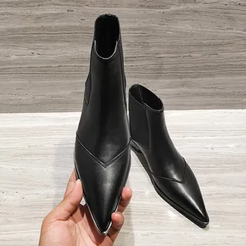 

GPOKHDS 2020 women ankle boots soft Cow leather winter short plush square heel pointed toe women Chelsea boots size 40 party