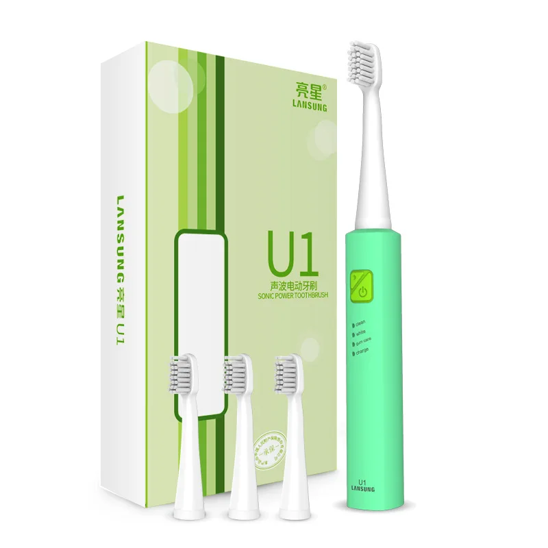 Full green Lansung U1 звуковая зубная щетка 4 сменная зубная щетка насадки зубная щетка перезаряжаемая зубная щетка для взрослых детская электрическая щетка - Цвет: Full green
