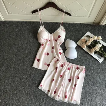 

Fashion 2 Piece Satin Silk Top And Shorts Women Pajamas Set Summer print Cute Pajamas Sling Shorts Home Wear