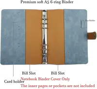 A5 Size PU Leather Notebook Binder, Refillable 6 Round Ring Binder Cover for A5 Filler Paper, Notebook Personal Planner Binder 2