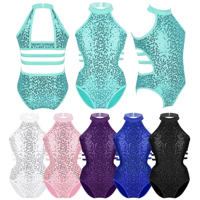 Kids Girls Gymnastics Leotards Child Sparkly Sequins Dancewear Sleeveless Cutouts Back Strappy On Waist Ballet Dance Jumpsuit Children Dance Leotards Gymnastics Dancewear Sets
