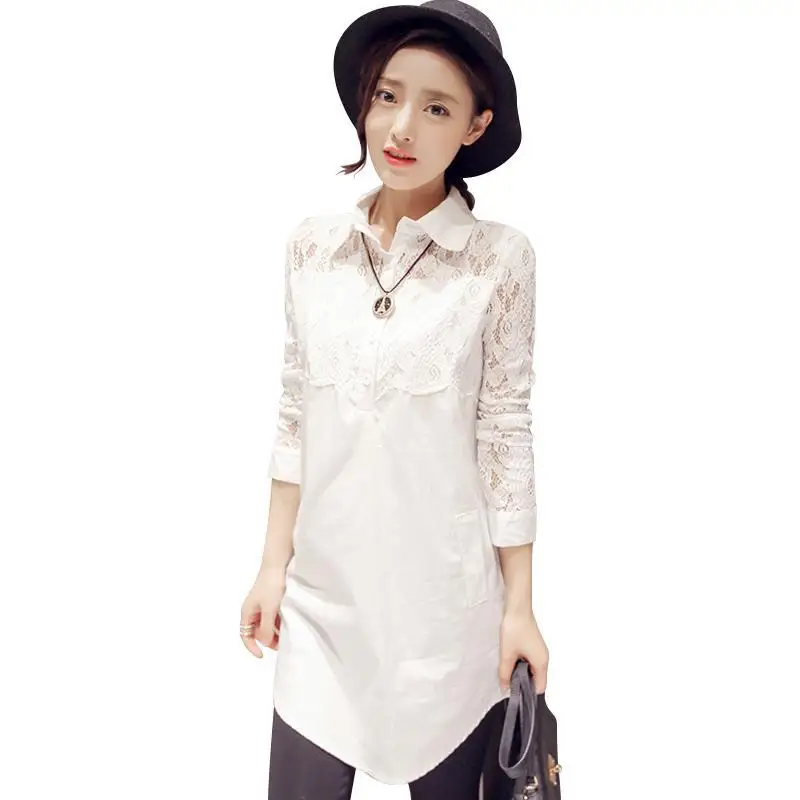

Blusas Mujer De Moda 2020 Women's Spring White Shirt Loose Casual Stitching Lace Was Thin Plus Size Mid-length Chiffon Shirt 116