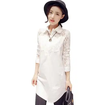 

Blusas Mujer De Moda 2020 Women's Spring White Shirt Loose Casual Stitching Lace Was Thin Plus Size Mid-length Chiffon Shirt 116
