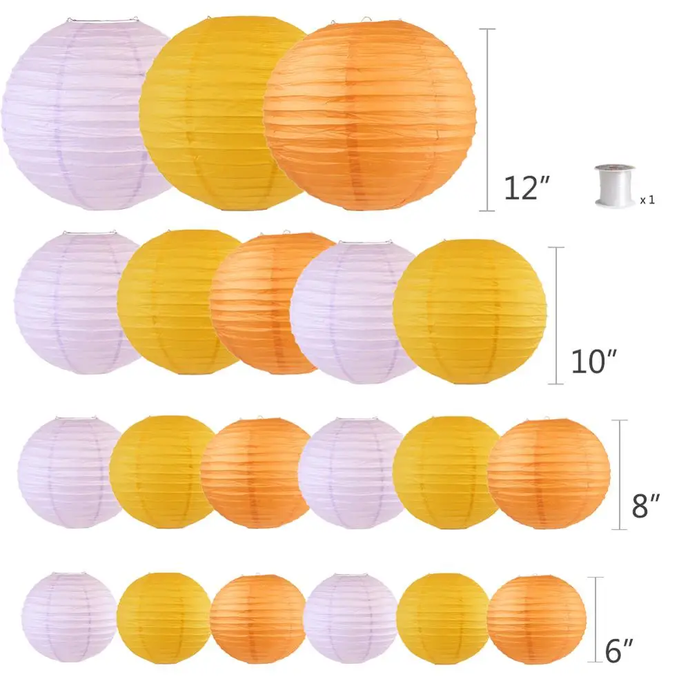 20 шт. "-12" желтый светильник, фиолетовый, оранжевый китайский бумажный фонарик смешанного размера, китайский лампион для свадьбы, подвесные украшения для вечеринки