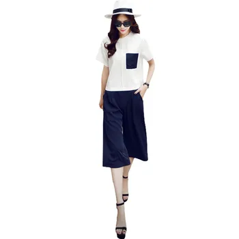 

Women Summer Casual O-neck Short Sleeve Tops+ Wide-Leg Pants Two Piece Set Rk