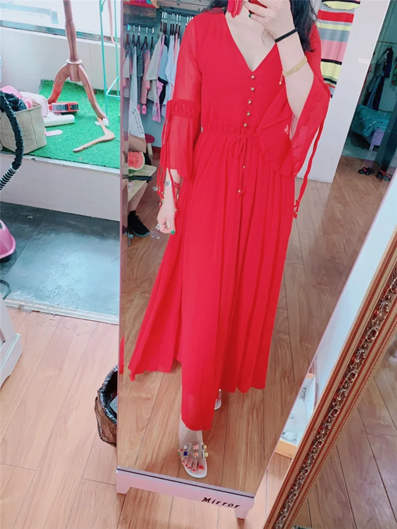 HANZANGL новые художественные Ретро шифоновые праздничные длинные платья женские V образным вырезом с расклешенными рукавами большие качели красное винтажное платье
