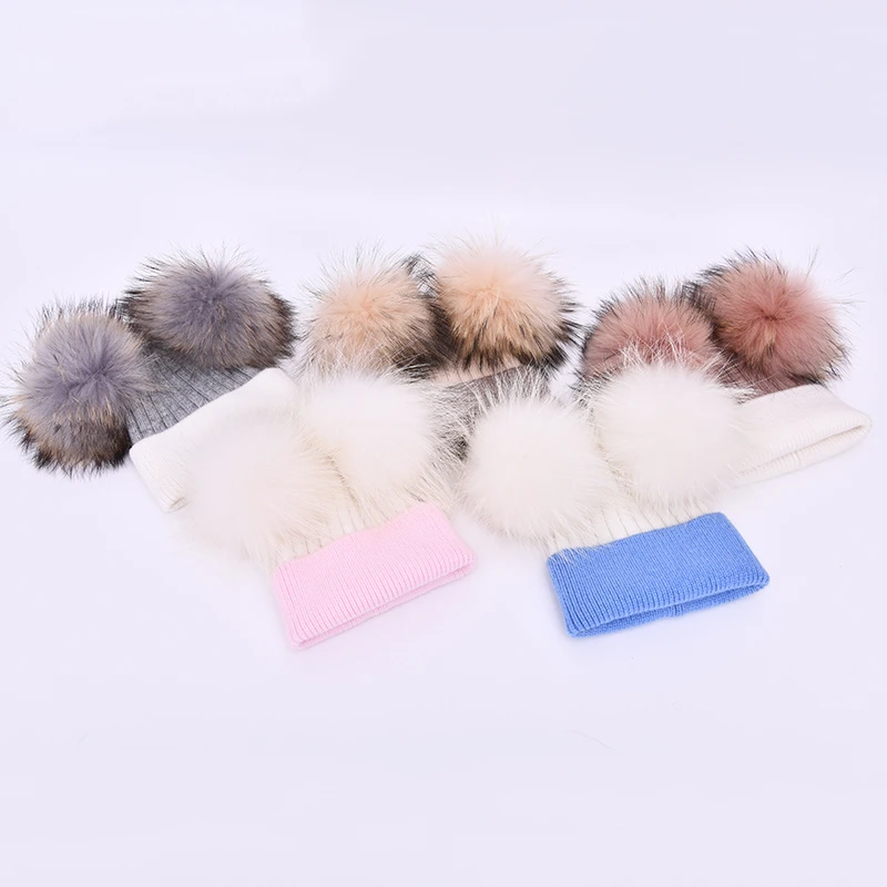 Jaxmonoy Baby Winter Real Fur Ball Beanie Hat Warm Cute Fashion Fluffy Real  White Big Raccoon Fur Pom Poms Kids Knitted Hats