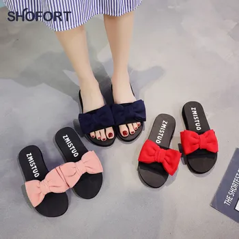 

SHOFORT Slippers Women Shoes Summer Bow Cool Slippers Woman Thick Bottom Beach Slip Non-slip Fashion Ladies Shoes Outdoor