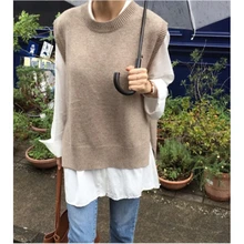  Women Loose Vests Autumn Winter Casual O-neck Warm Hem Split Sweater Sleeveless For Female Minimalist Solid Color Waistcoats 