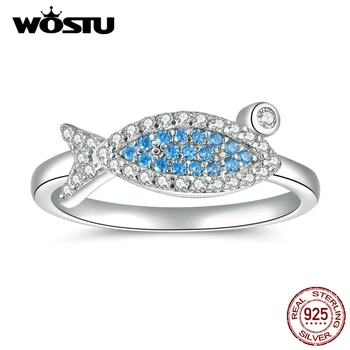 

WOSTU 925 Sterling Silver Lovely Fish Ring For Women Blue & White Zircon Rings Wedding Engagement Silver 925 Jewelry CTR106