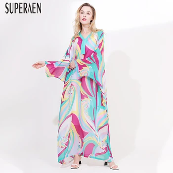 

SuperAen New 2020 Spring and Summer Long Dress Women Bat-wing Sleeve Ladies Beach Dress V Neck Print Women Clothing