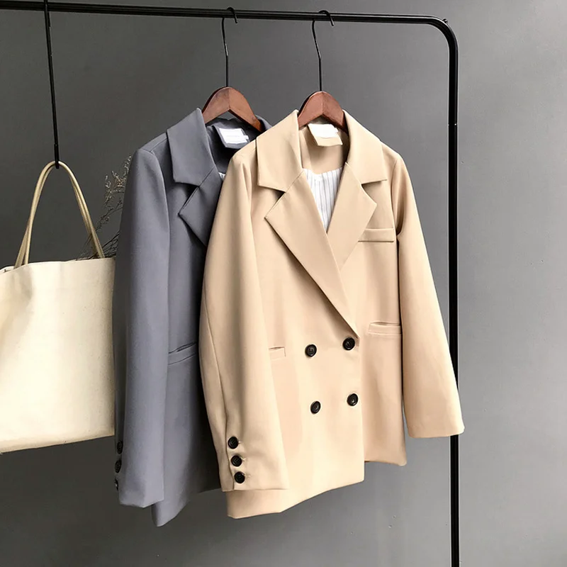 

Winter Woman Blazer Coat Double Breasted Cotton Chic Long Suit Female Khaki Blue Autumn Casual Loose Blazers Tops