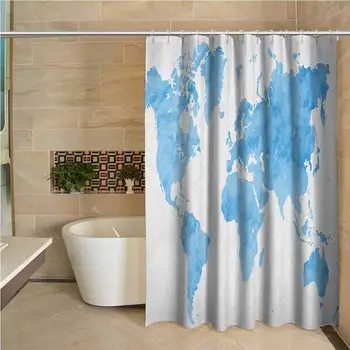 

Map Waterproof and Colorful Shower Curtain Blue Watercolor Style World Map Artistic Pastel Colored Display of Continents