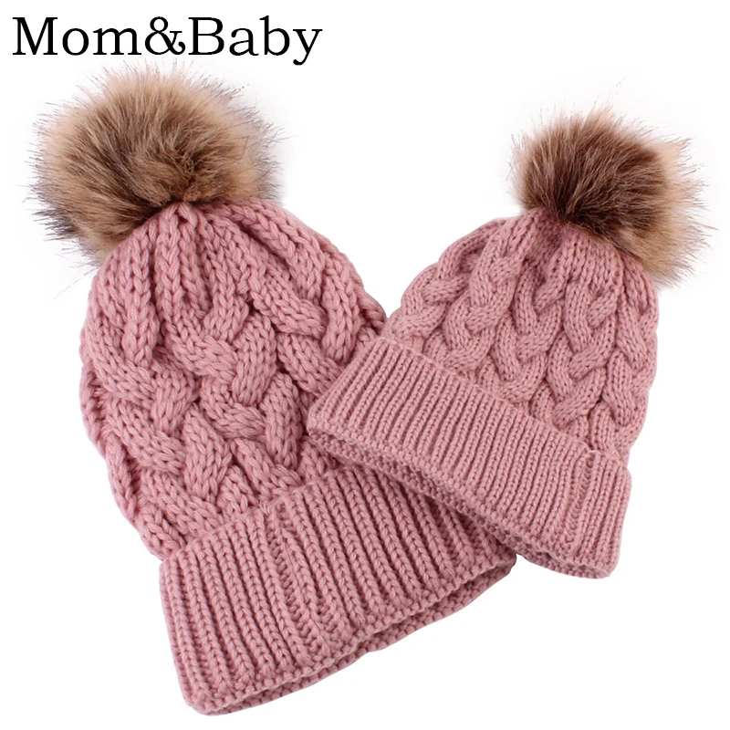 

2 Pcs/set Mom and Kid Warm Hat Set Velvet Fleece Inside Beanie Real Fur Pompom Hat Parent Child Twist Knitted Girls Cap