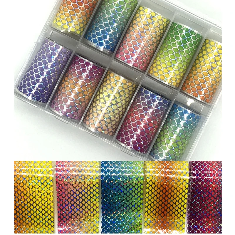 

10pcs/set Fish Scale Nail Sticker Blue Nail Art Print Nail Art Decoration Combination Set Beauty Accessories
