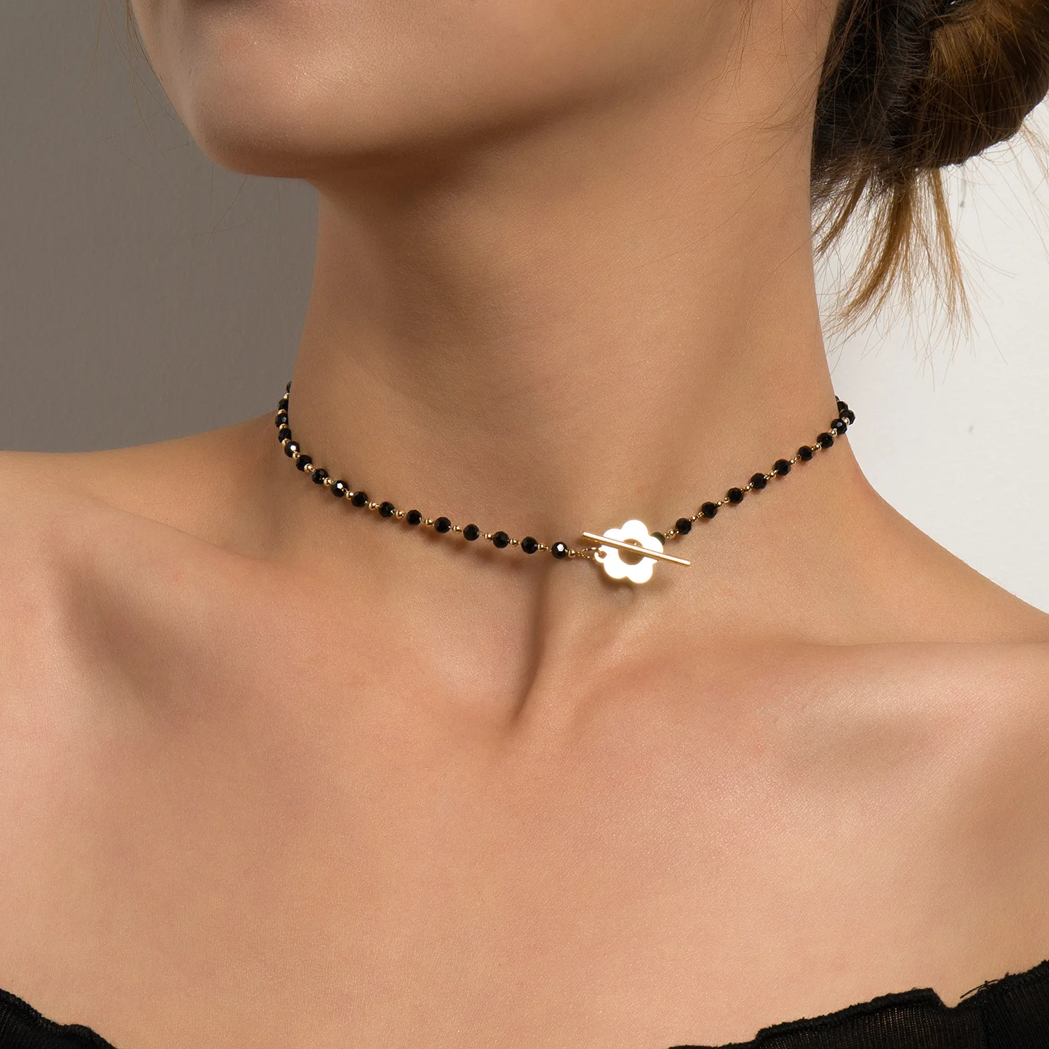 Colliers ras de cou bohème en perles de cristal noir pour femmes, chaîne de clavicule de couleur