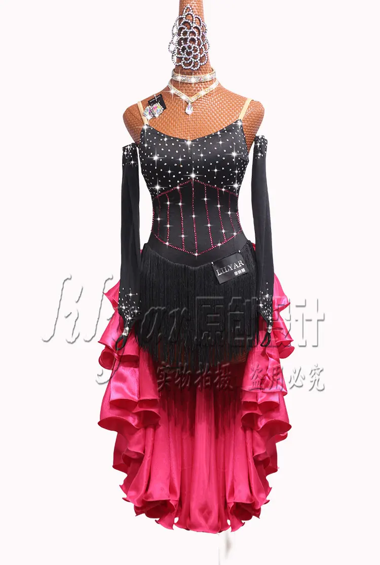 Latin dance competition dress performance dress new high-grade black tassel skirt rose red skirt