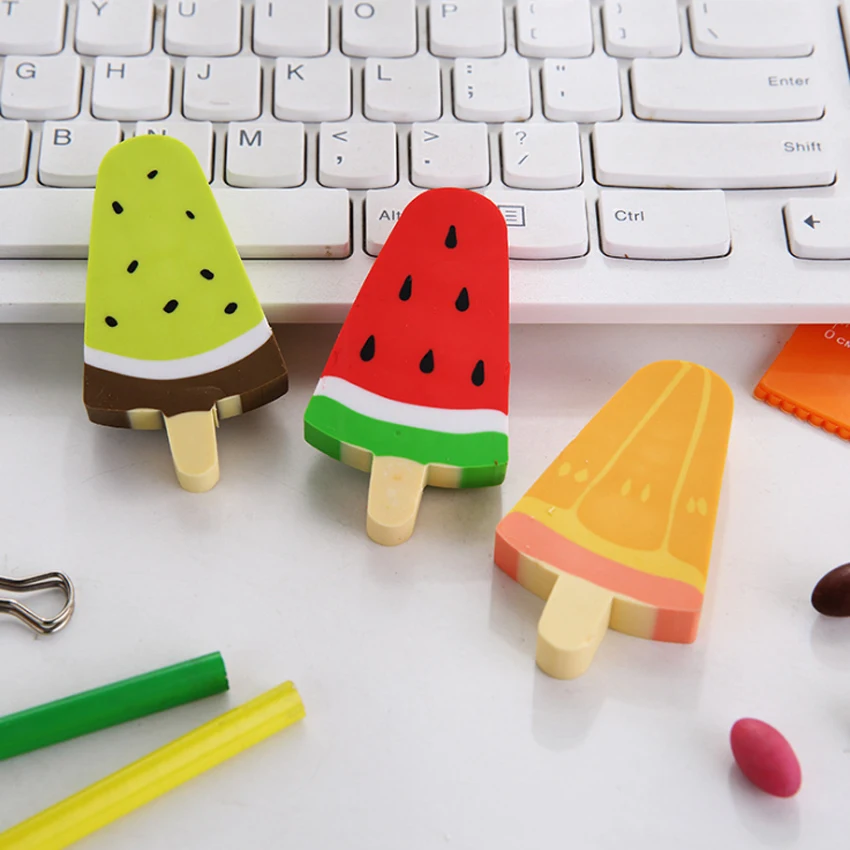 1pc/lot Kawaii Fruit Watermelon Kiwi Popsicle Rubber Eraser Stationery School Office Supplies