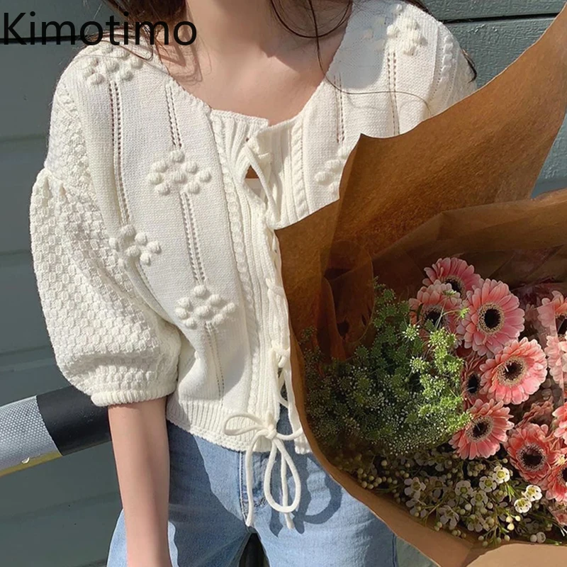 Kimotima-cárdigan con cordones para mujer, ropa de Primavera de 2021, estilo coreano Chic, suave, punto de onda sólida, costura, mangas abombadas, Ins Sweet