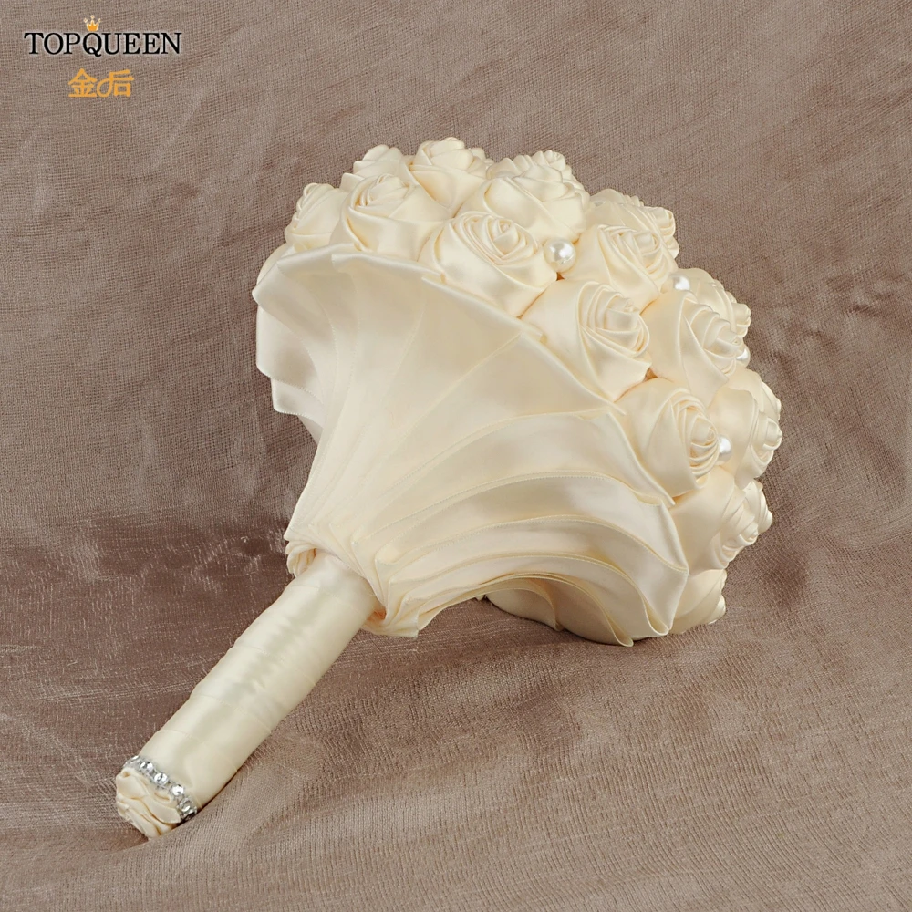 TOPQUEEN SF3-I Bouquet of Artificial Flowers Wedding Bouquet Brooch Large Ivory Ribbons Rose Flower Bridal Bouquets