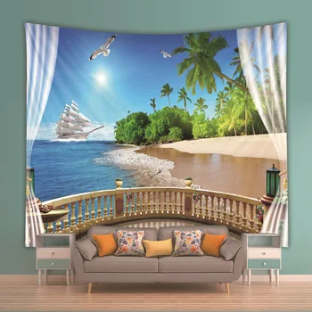 

Window Sill Seascape Scenery Tapestry Wall Cloth Photography Background Decorative Wall Cloth Tapestry Various Sizes