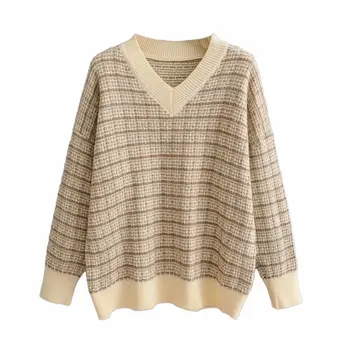 

VomVoa Fashion New Print Houndstooth Sweater Women's Pullover Casual Loose Retro Fashion Korean Women's Top
