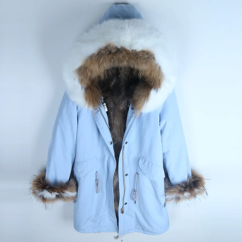 11 sky blue coat Женская длинная уличная парка с подкладкой из натурального меха енота зимняя куртка с воротником из натурального Лисьего меха Толстая теплая верхняя одежда пальто из натурального меха - Цвет: 11 sky blue coat