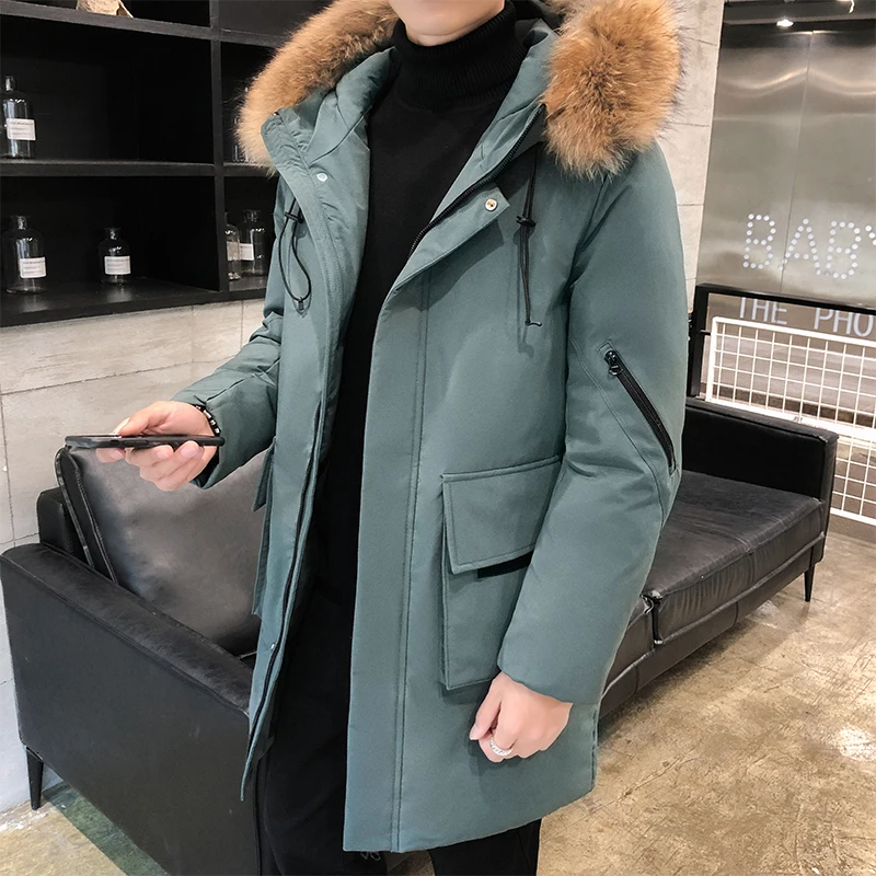 

Winter Down Jacket Men's Warm Thick Fashion Parka Men Solid Color Fur Collar Hooded Coat Man Loose Casual Long Cotton Jacket
