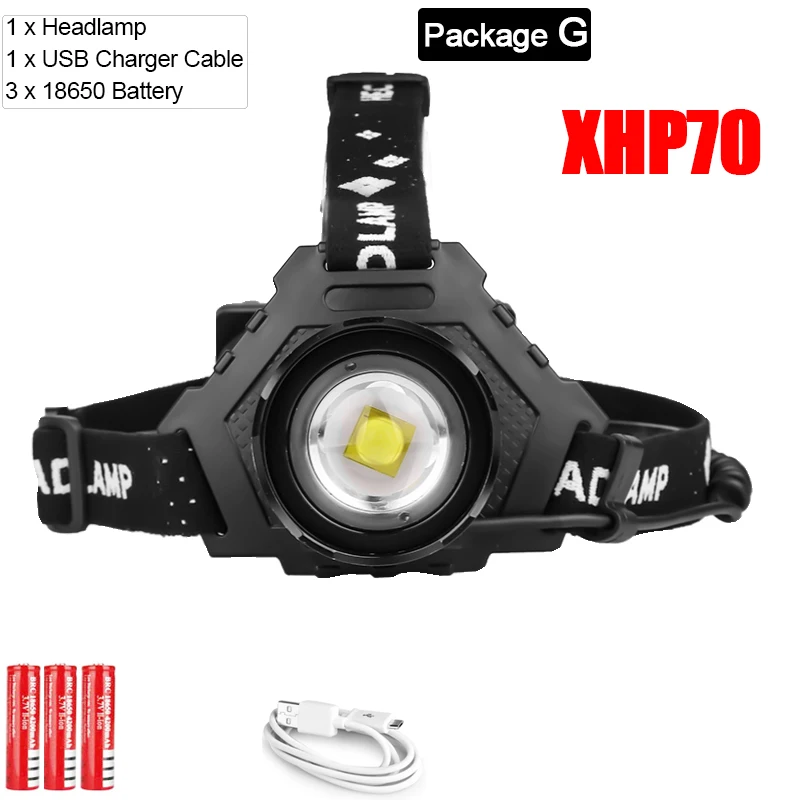 Package G 8000лм XHP70.2 USB Перезаряжаемый светодиодный налобный фонарь XHP70 супер яркий налобный фонарь XHP50 для охоты, велоспорта, рыбалки, использования 3x18650 - Испускаемый цвет: Package G