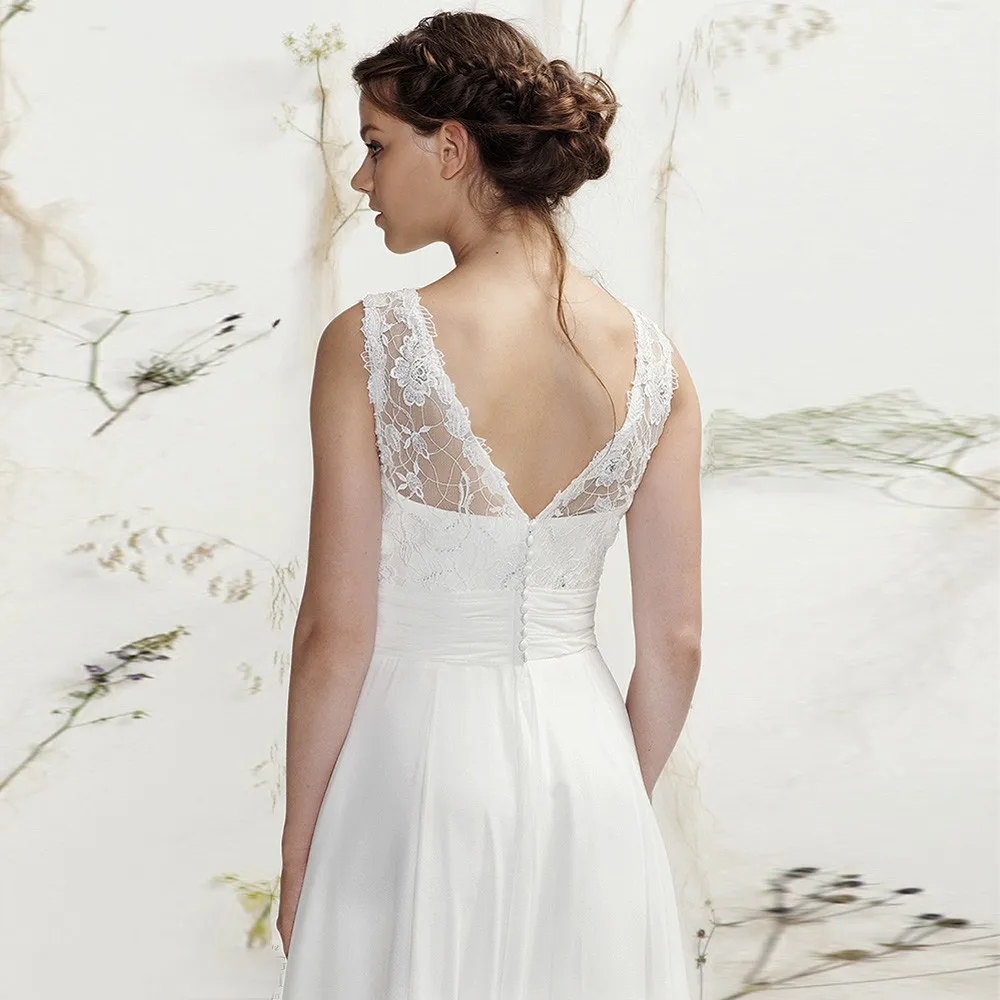 vestido de noiva White Chiffon Lace Neck V-back vestidos de noiva Beach Appliques Bridal Gowns Mother of the Bride Dresses