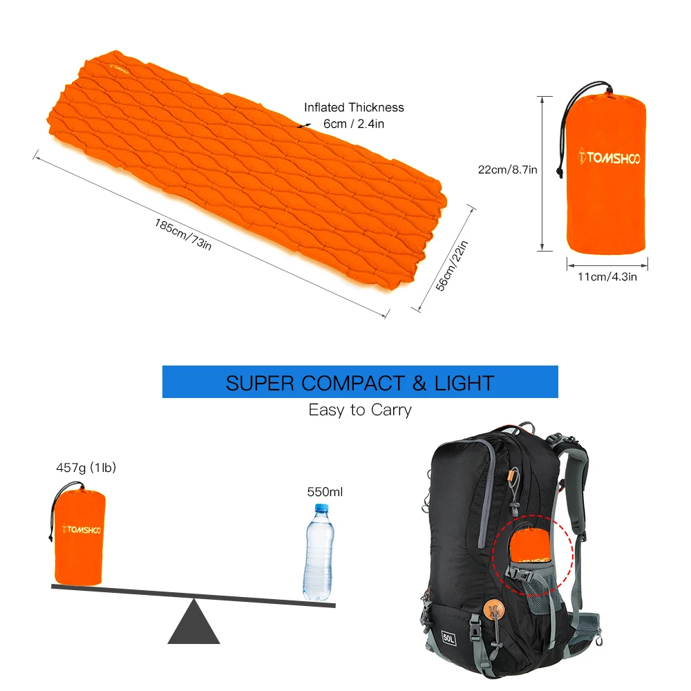 Almofada de Dormir Colchão para Acampamento ao ar Tomshoo Ultraleve Inflável Livre Caminhadas Mochila Viagem Mod. 1254351 11 Tomshoo ultraleve inflável almofada de dormir colchão